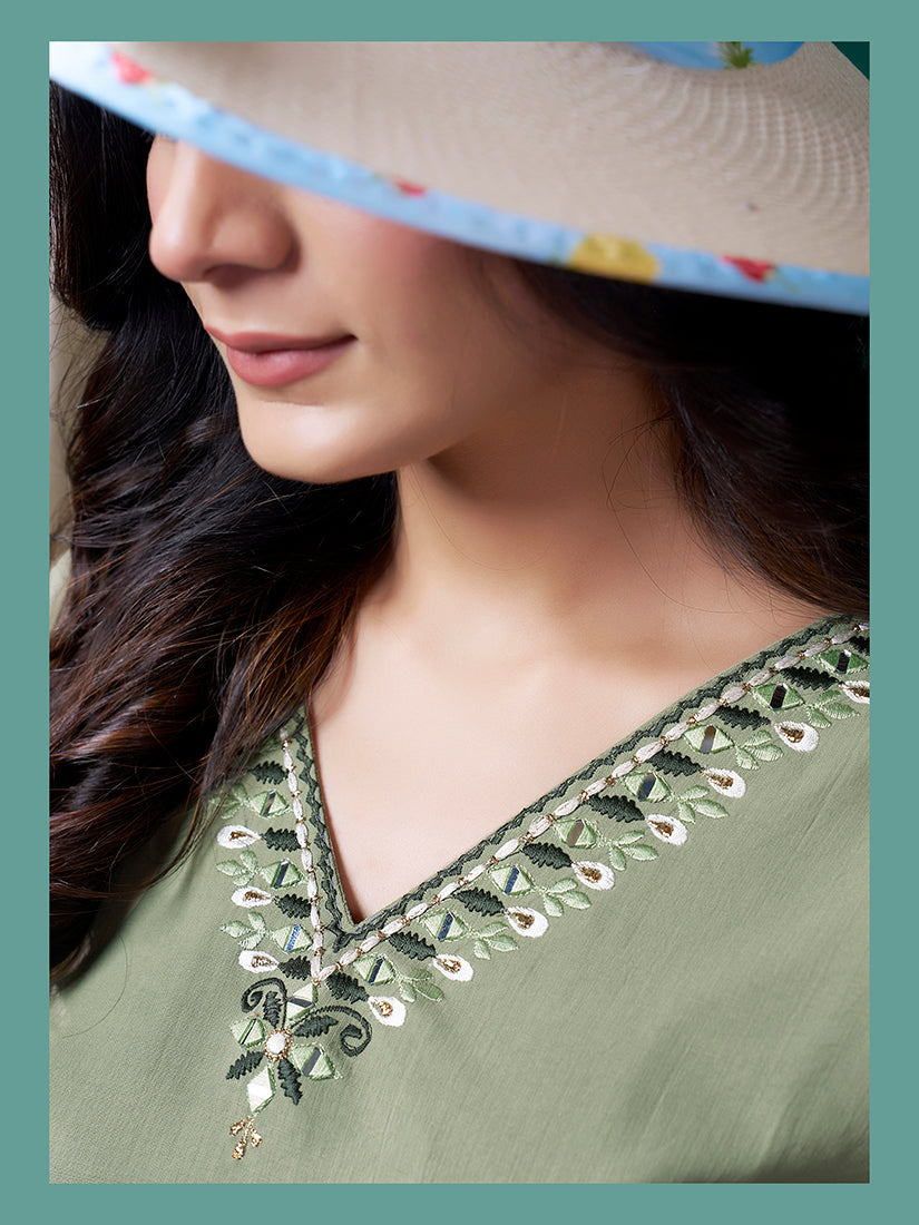 Monjolika Fashion Sage Green Maaza Cotton Hand Work With Pocket Casual Kurti