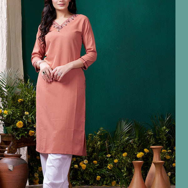 Monjolika Fashion Peach Maaza Cotton Hand Work With Pocket Casual Kurti