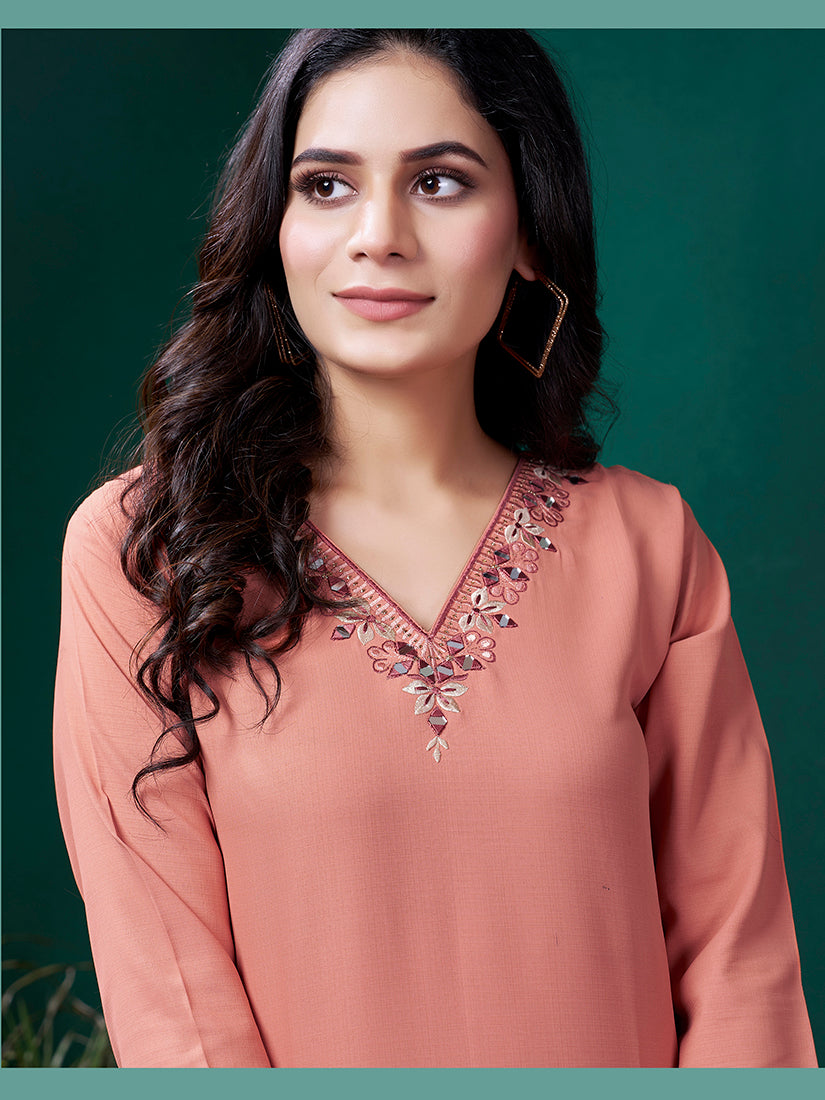 Monjolika Fashion Peach Maaza Cotton Hand Work With Pocket Casual Kurti