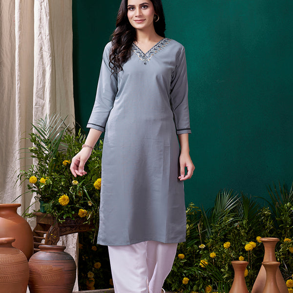 Monjolika Fashion Grey Maaza Cotton Hand Work With Pocket Casual Kurti