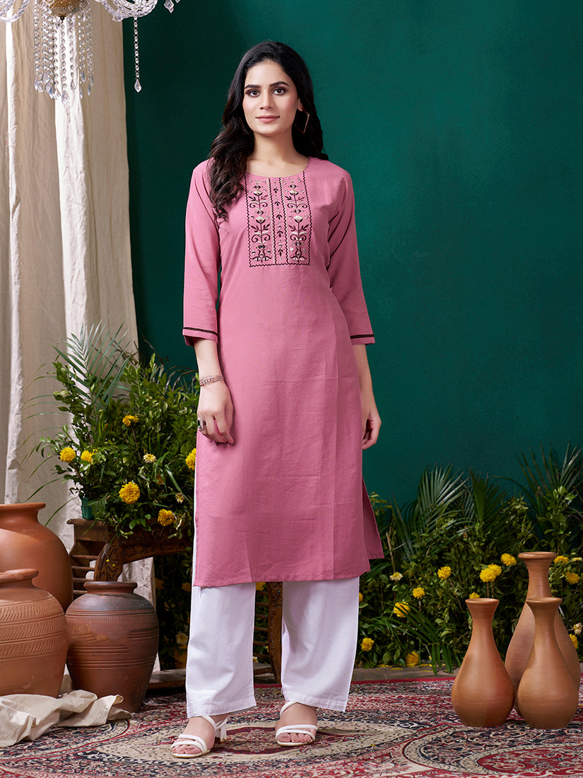 Monjolika Fashion Light Pink Maaza Cotton Hand Work With Pocket Casual Kurti