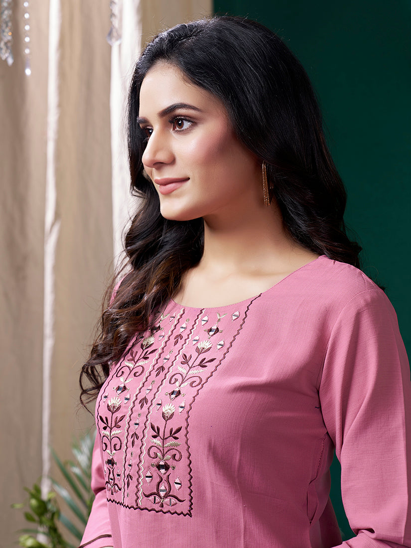 Monjolika Fashion Light Pink Maaza Cotton Hand Work With Pocket Casual Kurti