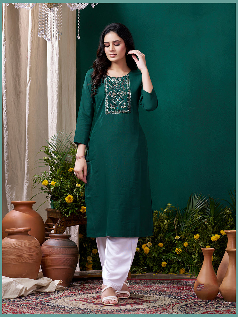 Monjolika Fashion Dark Green Maaza Cotton Hand Work With Pocket Casual Kurti