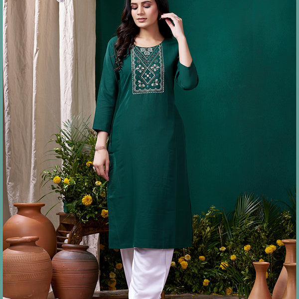 Monjolika Fashion Dark Green Maaza Cotton Hand Work With Pocket Casual Kurti - Distacart