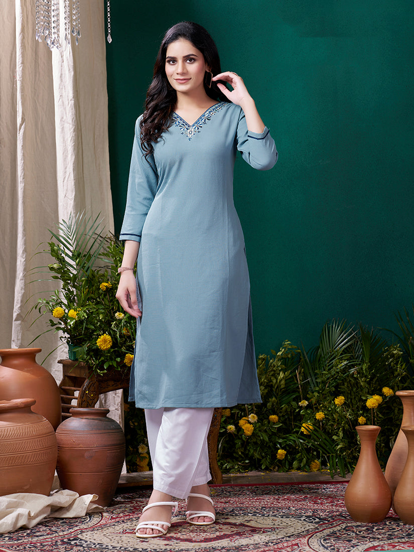 Monjolika Fashion Light Blue Maaza Cotton Hand Work With Pocket Casual Kurti