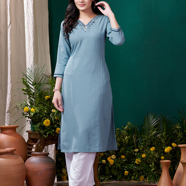 Monjolika Fashion Light Blue Maaza Cotton Hand Work With Pocket Casual Kurti - Distacart