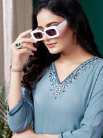 Thumbnail for Monjolika Fashion Light Blue Maaza Cotton Hand Work With Pocket Casual Kurti