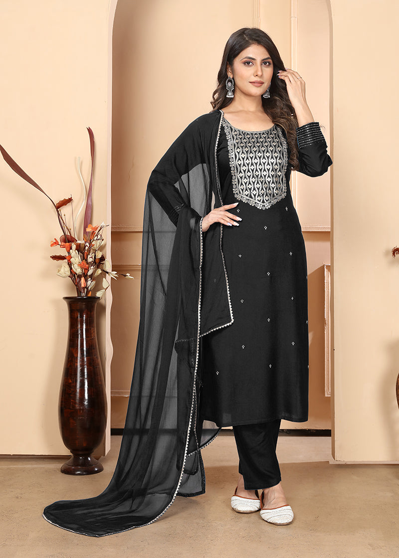 Monjolika Fashion Black Premium Rayon Heavy Sequence Embroidery Kurtis Pant Pair