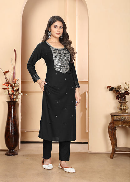 Monjolika Fashion Black Premium Rayon Heavy Sequence Embroidery Kurtis Pant Pair - Distacart