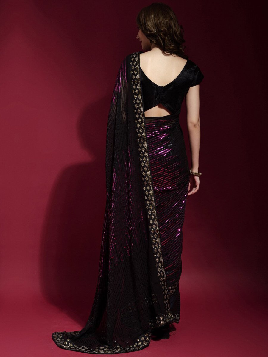 Anouk Black & Pink Embellished Sequinned Pure Georgette Saree - Distacart