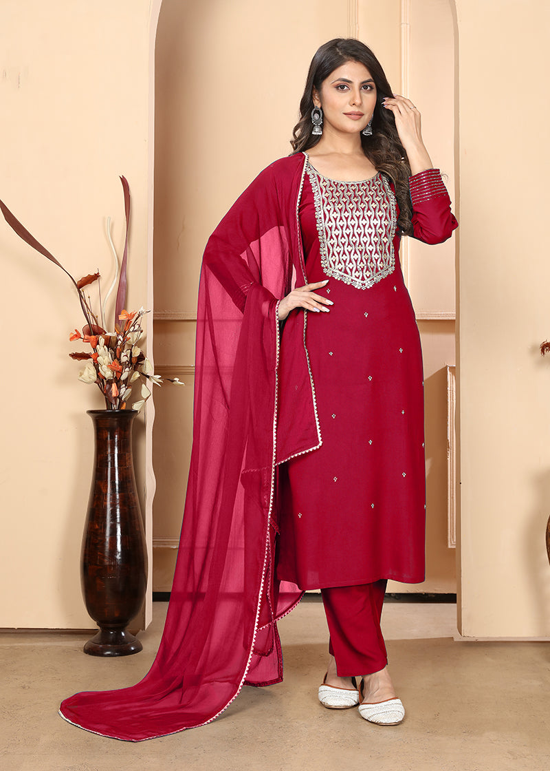 Monjolika Fashion Red Premium Rayon Heavy Sequence Embroidery Kurtis Pant Pair
