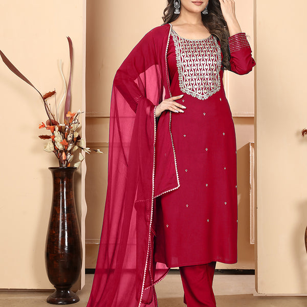 Monjolika Fashion Red Premium Rayon Heavy Sequence Embroidery Kurtis Pant Pair
