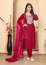 Thumbnail for Monjolika Fashion Red Premium Rayon Heavy Sequence Embroidery Kurtis Pant Pair
