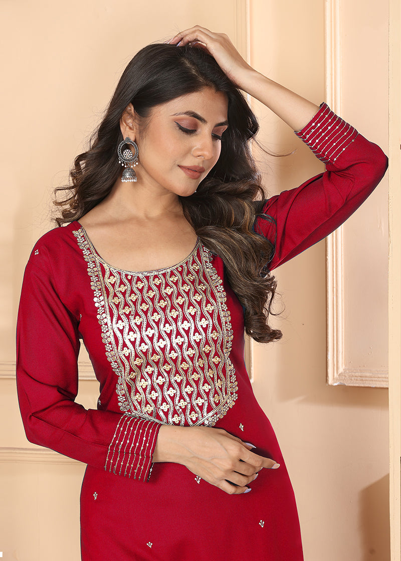 Monjolika Fashion Red Premium Rayon Heavy Sequence Embroidery Kurtis Pant Pair