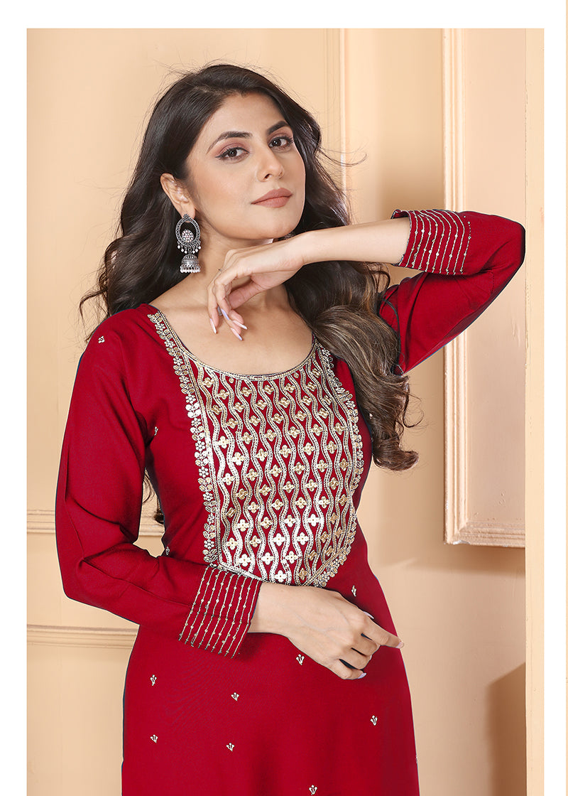Monjolika Fashion Red Premium Rayon Heavy Sequence Embroidery Kurtis Pant Pair
