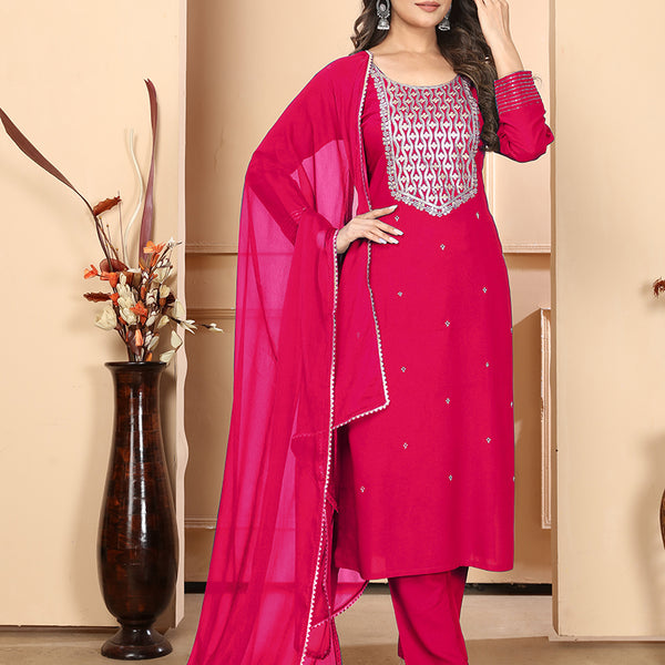 Monjolika Fashion Dark Pink Premium Rayon Heavy Sequence Embroidery Kurtis Pant Pair