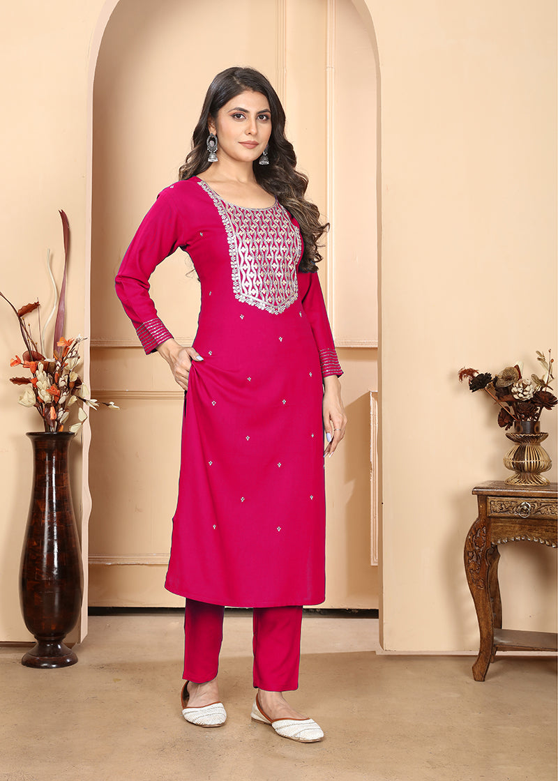 Monjolika Fashion Dark Pink Premium Rayon Heavy Sequence Embroidery Kurtis Pant Pair