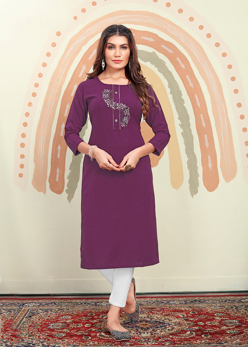 Monjolika Fashion Purple Maaza Cotton Hand Work With Pocket Kurti