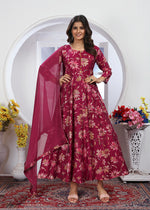 Thumbnail for Monjolika Fashion Rani Pink Premium Chanderi Floral Printed Long Kurti With Dupatta