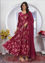 Thumbnail for Monjolika Fashion Rani Pink Premium Chanderi Floral Printed Long Kurti With Dupatta