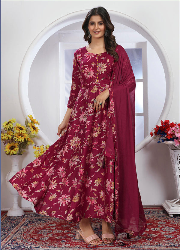 Monjolika Fashion Rani Pink Premium Chanderi Floral Printed Long Kurti With Dupatta