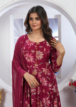 Thumbnail for Monjolika Fashion Rani Pink Premium Chanderi Floral Printed Long Kurti With Dupatta