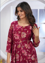 Thumbnail for Monjolika Fashion Rani Pink Premium Chanderi Floral Printed Long Kurti With Dupatta