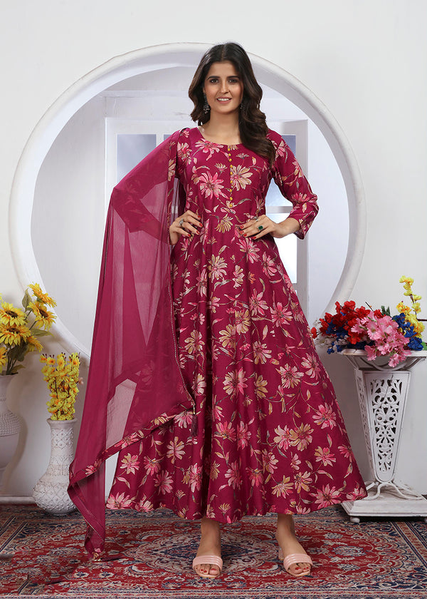 Monjolika Fashion Rani Pink Premium Chanderi Floral Printed Long Kurti With Dupatta