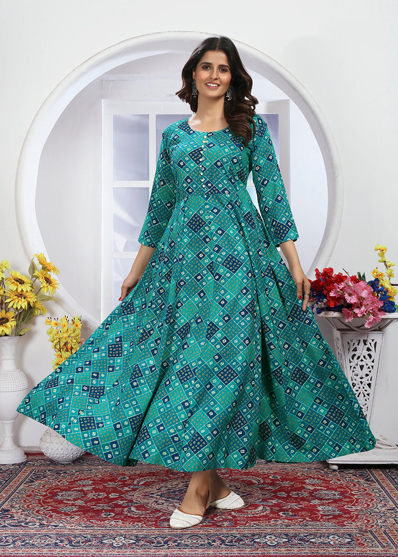 Monjolika Fashion Turquoise Premium Chanderi Floral Printed Long Kurti With Dupatta