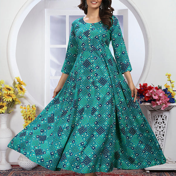 Monjolika Fashion Turquoise Premium Chanderi Floral Printed Long Kurti With Dupatta - Distacart