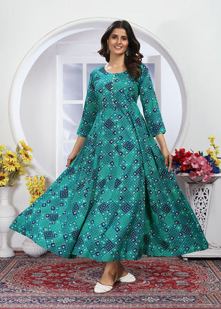 Monjolika Fashion Turquoise Premium Chanderi Floral Printed Long Kurti With Dupatta