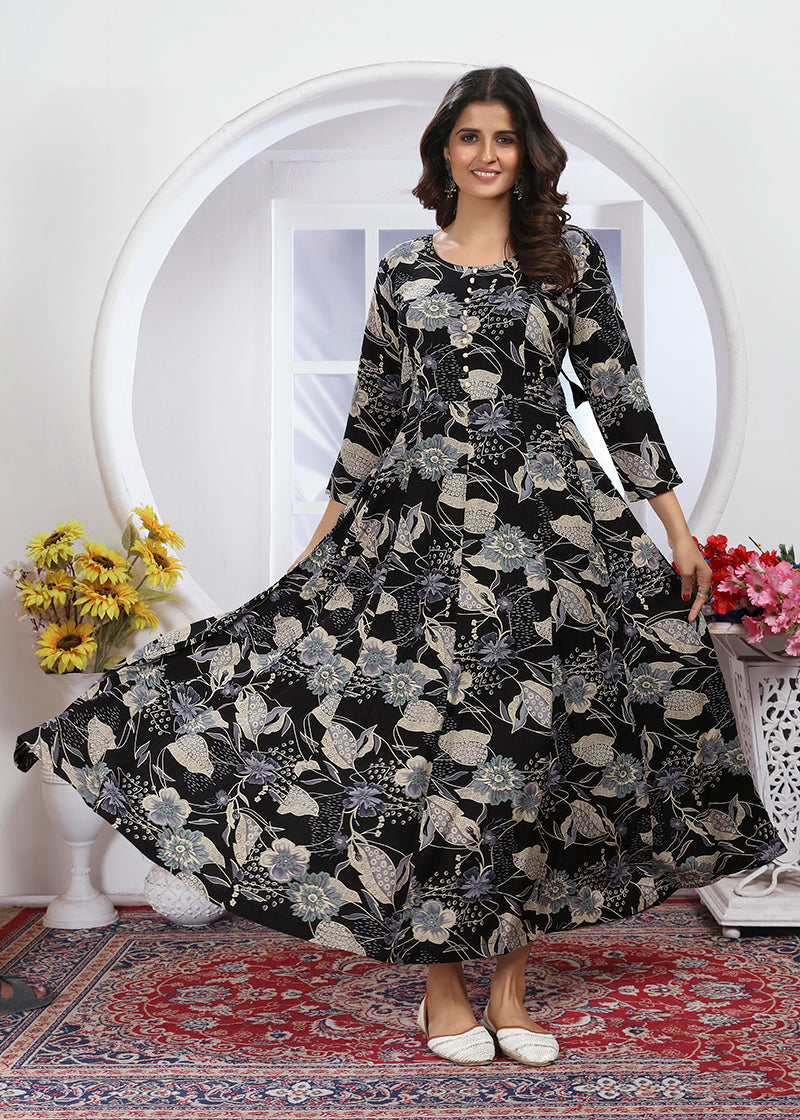 Monjolika Fashion Black Premium Chanderi Floral Printed Long Kurti With Dupatta