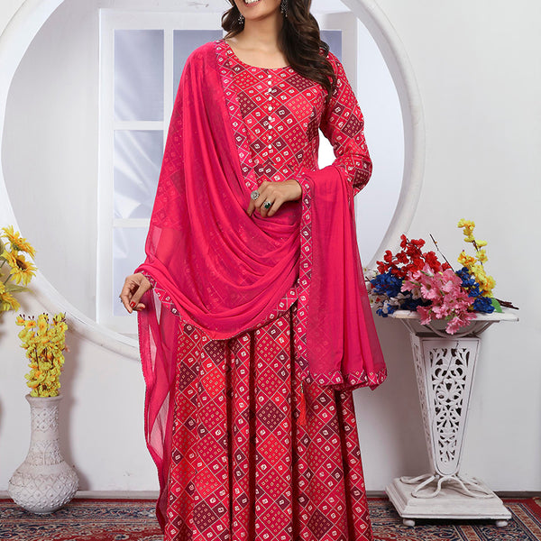 Monjolika Fashion Pink Premium Chanderi Floral Printed Long Kurti With Dupatta - Distacart