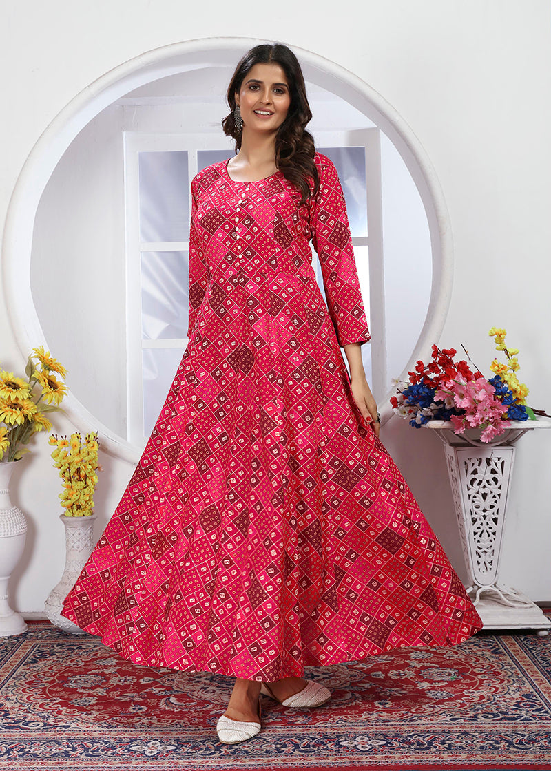 Monjolika Fashion Pink Premium Chanderi Floral Printed Long Kurti With Dupatta