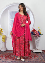 Thumbnail for Monjolika Fashion Pink Premium Chanderi Floral Printed Long Kurti With Dupatta