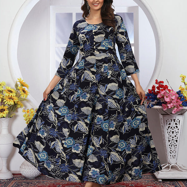 Monjolika Fashion Royal Blue Premium Chanderi Floral Printed Long Kurti With Dupatta - Distacart