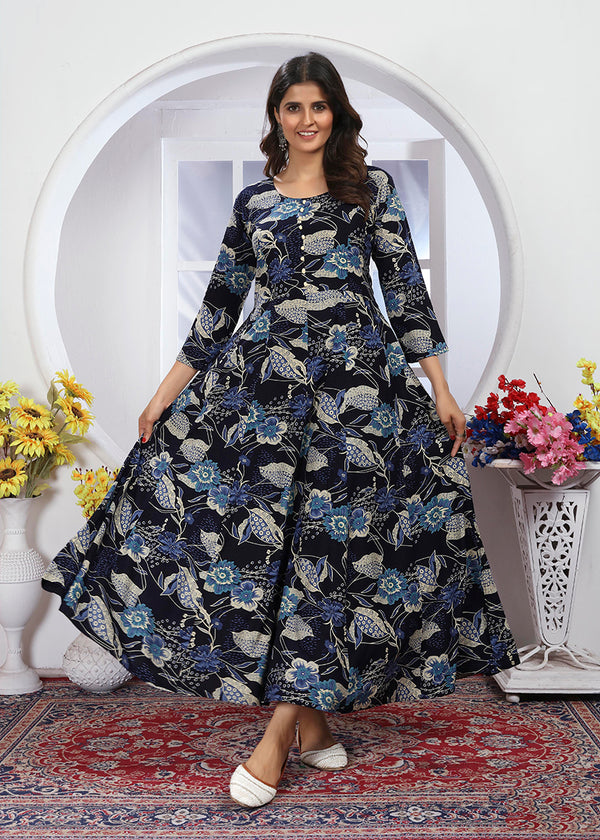 Monjolika Fashion Royal Blue Premium Chanderi Floral Printed Long Kurti With Dupatta