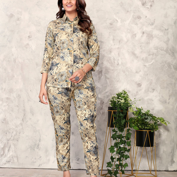 Monjolika Fashion Cream Premium Rayon Floral Printed Co Ord Set