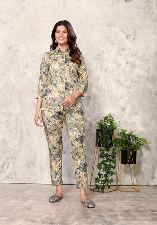 Monjolika Fashion Cream Premium Rayon Floral Printed Co Ord Set