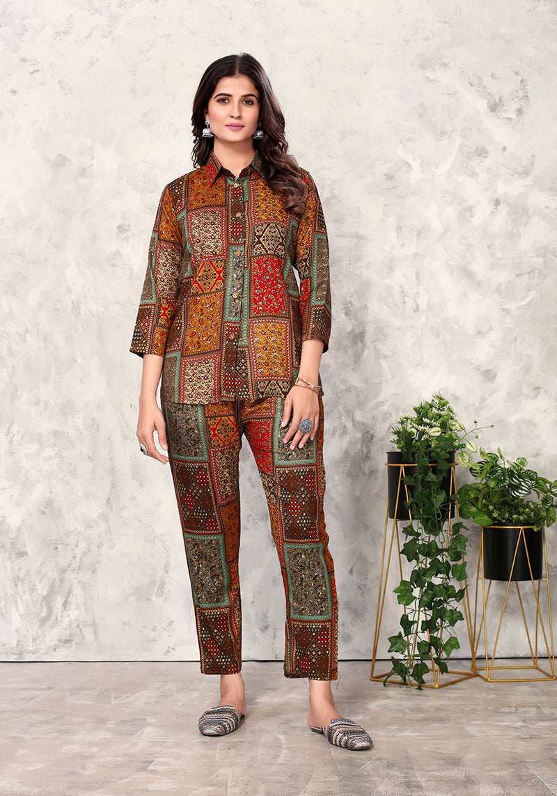 Monjolika Fashion Brown Premium Rayon Floral Printed Co Ord Set