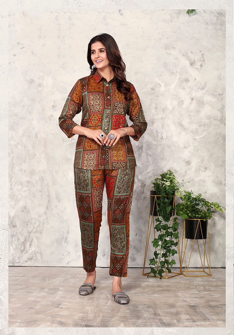 Monjolika Fashion Brown Premium Rayon Floral Printed Co Ord Set