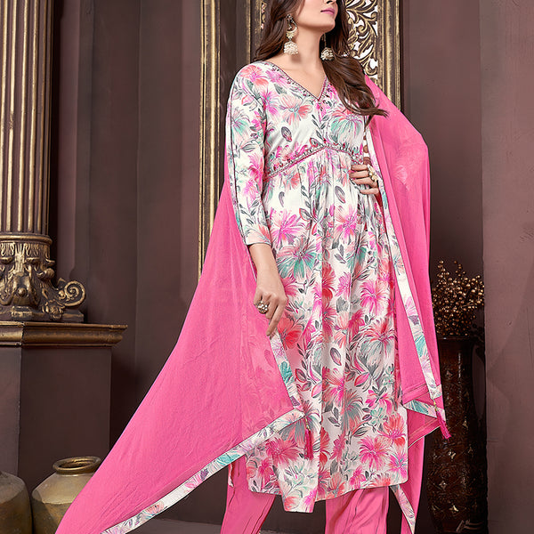 Monjolika Fashion Off White And Pink Rayon Printed Afghani Suit