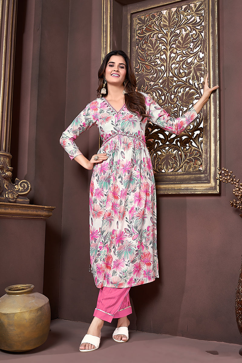 Monjolika Fashion Off White And Pink Rayon Printed Afghani Suit