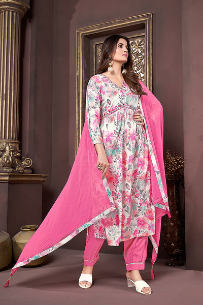 Monjolika Fashion Off White And Pink Rayon Printed Afghani Suit