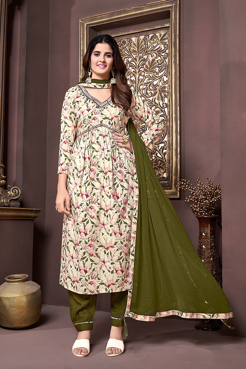 Monjolika Fashion Mehendi Green Rayon Printed Festival Wear Afghani Suit