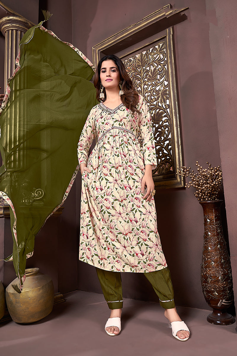 Monjolika Fashion Mehendi Green Rayon Printed Festival Wear Afghani Suit
