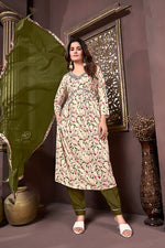 Thumbnail for Monjolika Fashion Mehendi Green Rayon Printed Festival Wear Afghani Suit