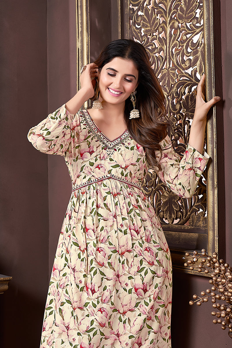 Monjolika Fashion Mehendi Green Rayon Printed Festival Wear Afghani Suit