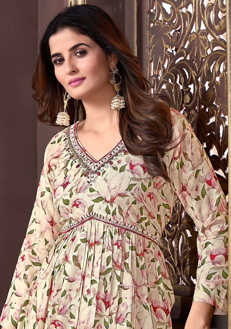 Monjolika Fashion Mehendi Green Rayon Printed Festival Wear Afghani Suit