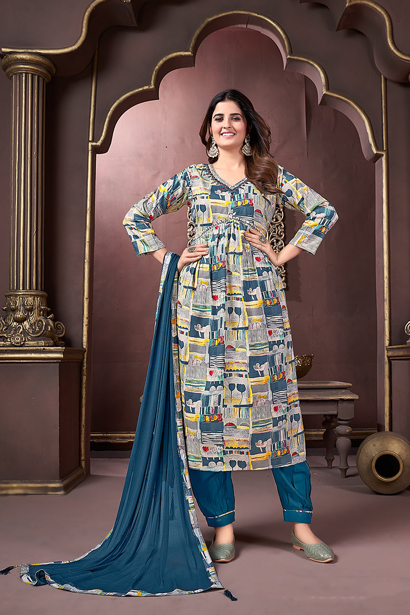 Monjolika Fashion Blue Rayon Printed Festival Wear Afghani Suit